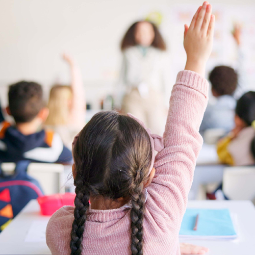 A photographic style image of a young, female school-age student with her hand up (from the back).